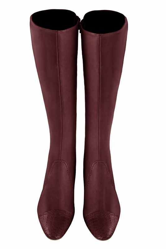 Burgundy red women's feminine knee-high boots. Round toe. High block heels. Made to measure. Top view - Florence KOOIJMAN